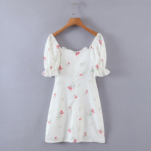 Summer Women Clothing Vintage Court French Square Collar Puff Sleeve Printing A-line Dress