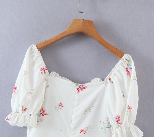 Summer Women Clothing Vintage Court French Square Collar Puff Sleeve Printing A-line Dress